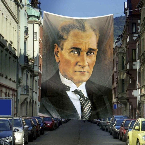 Sivil Mustafa Kemal Atatürk Portre Poster Dış Cephe Bayrağı - 6x9 metre