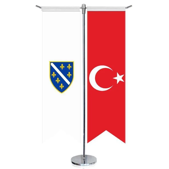 Bosna Hersek (1992-1998) Bayrağı ve Türkiye -Kırlangıç - Saten T direk 2li Masa Bayrağı