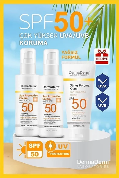 Dermaderm 2 Adet Spf 50+ Yüksek Uva/uvb Koruma Yeni Üretim Bitkisel Güneş Kremi 2 x 100 gr ve 1 Adet Spf 50+ Güneş Koruma Vitaminli Yüz ve Vücut Güneş Kremi 100 ml.