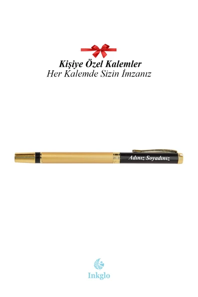 inkglo Kişiye Özel Kutulu Hediyelik Gold Roller Mavi Yazan Tükenmez Kalem - 3