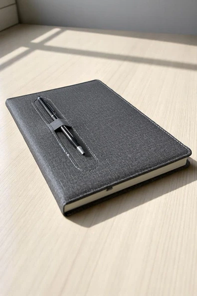 Nesnel Gift Modern Tasarım Kalemli Ajanda Gri Kumaş Kaplama - Siyah Touchpenli Metal Kalem Hediyeli ürün görseli 1