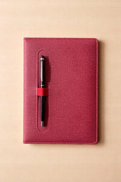 Nesnel Gift Modern Tasarım Kalemli Ajanda Bordo Kumaş Kaplama - Siyah Touchpenli Metal Kalem Hediyeli - Resim 3
