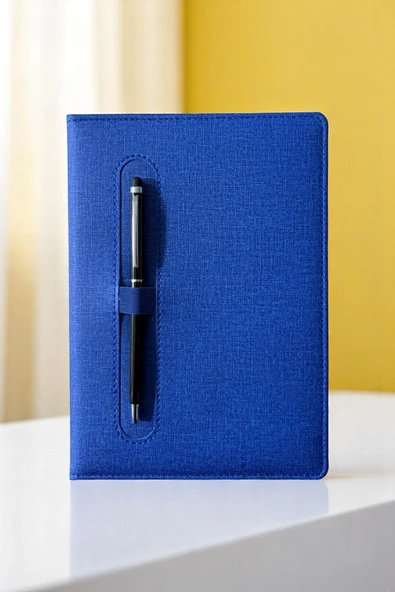 Nesnel Gift Modern Tasarım Kalemli Ajanda Mavi Kumaş Kaplama - Siyah Touchpenli Metal Kalem Hediyeli - 3