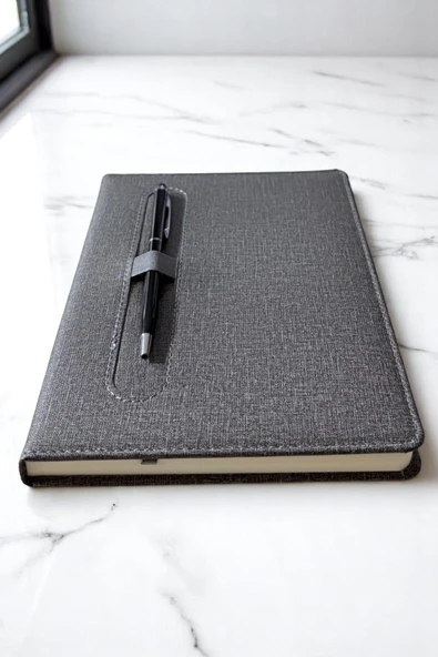 Nesnel Gift Modern Tasarım Kalemli Ajanda Gri Kumaş Kaplama - Siyah Touchpenli Metal Kalem Hediyeli - Resim 2
