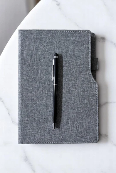 Nesnel Gift Gri Kalemlikli Termo Deri Ajanda - Siyah Touchpenli Metal Kalem Hediyeli - 3