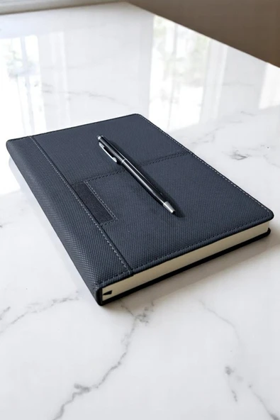 Nesnel Gift Kalemlik&Cüzdan Gözlü Tırtık Desenli Koyu Gri Deri Ajanda-Siyah Touchpen Metal Kalem Hediye