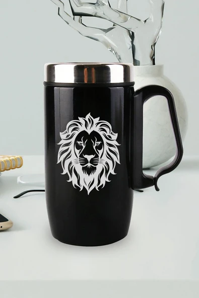 Nesnel Gift Siyah Çelik Kulplu Bardak Termos - Aslan Kafası Motifli - 1