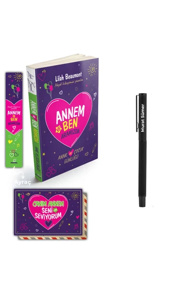 nesnel yayınlar Annem ve Ben Aramızda Günlüğü Karpostal-Ayraç ve Siyah Roller Kalem Seti - Resim 2