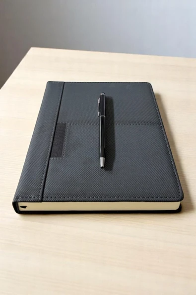 Nesnel Gift Kalemlik&Cüzdan Gözlü Tırtık Desenli Koyu Gri Deri Ajanda-Siyah Touchpen Metal Kalem Hediye - Resim 2