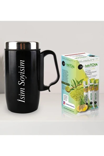 Halk Kitabevi Kişiye Özel Kulplu Çelik Termos Bardak Mug 240ml - Matcha Bromelain Limon Aromalı Form Çayı
