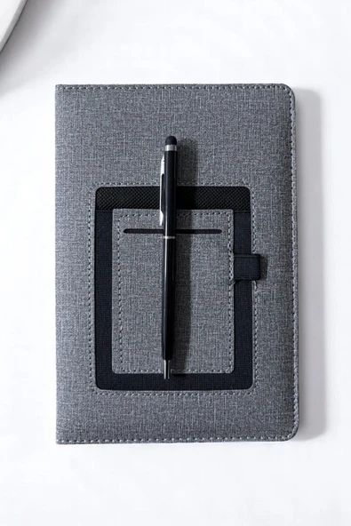 Nesnel Gift Cüzdanlı ve Kalemlikli Termo Deri Gri Modern Ajanda - Siyah Touchpenli Metal Kalem Hediyeli - Resim 3