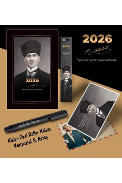 Mor kelebek 2026 Kalpaklı Atatürk Ajandası Ayraç Kartpostal Kalem - Siyah