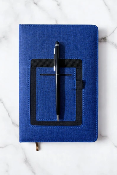 Nesnel Gift Cüzdanlı ve Kalemlikli Termo Deri Mavi Modern Ajanda - Siyah Touchpenli Metal Kalem Hediyeli - 3