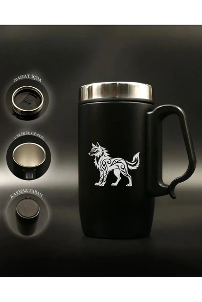 Nesnel Gift Siyah Çelik Kulplu Bardak Termos - İllistrayon Kurt Motifli - Resim 2