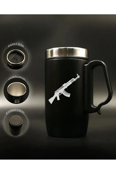 Nesnel Gift Siyah Çelik Kulplu Bardak Termos - AK47 Modelli - 2