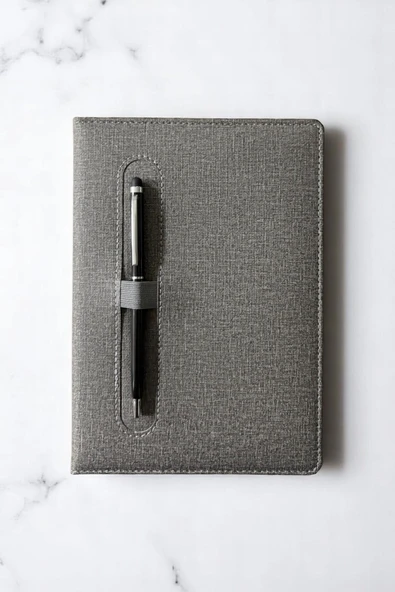 Nesnel Gift Modern Tasarım Kalemli Ajanda Gri Kumaş Kaplama - Siyah Touchpenli Metal Kalem Hediyeli - Resim 3