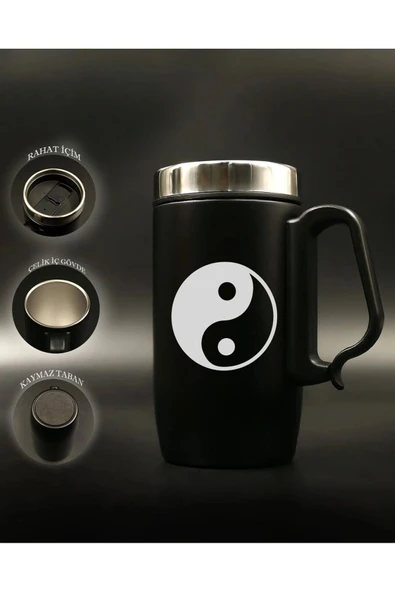 Nesnel Gift Siyah Çelik Kulplu Bardak Termos - Ying-Yang Motifli - 2
