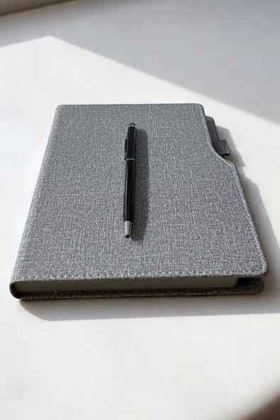 Nesnel Gift Gri Kalemlikli Termo Deri Ajanda - Siyah Touchpenli Metal Kalem Hediyeli - 2