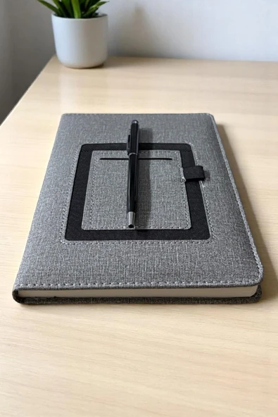 Nesnel Gift Cüzdanlı ve Kalemlikli Termo Deri Gri Modern Ajanda - Siyah Touchpenli Metal Kalem Hediyeli - Resim 2