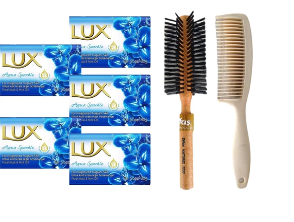 Lux Lüx Sabun Mavi 80 Gr. Aqua Sparkle 5 Adet Sabun Bio Care Saplı Tarak Saç Fırçası Klasik Şekil Verme Fön 1+1 Adet