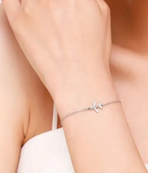 Minimal Uçak Model Kadın Gümüş Bileklik - Resim 2