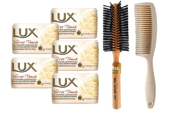 Lux Lüx Sabun 80GR Velvet Touch 5 Adet Sabun Bio Care Saplı Tarak Saç Fırçası Klasik Şekil Verme Fön 1+1 Adet