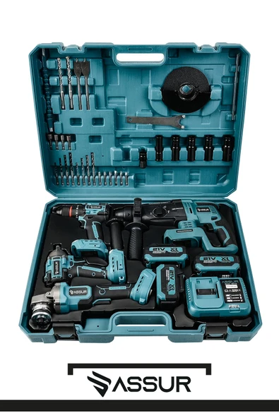 Assur 21V Darbeli Kömürsüz 4'lü Set Taşlama - Somun Sıkma Sökme - Matkap Vidalama -  Kırıcı Delici Hilti - Resim 2