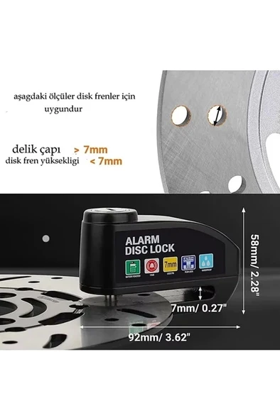 Alarmlı Disk Kilidi Motorsiklet Scooter Bisiklet Sesli Alarm 110 Desibel Yüksek Ses - Resim 4