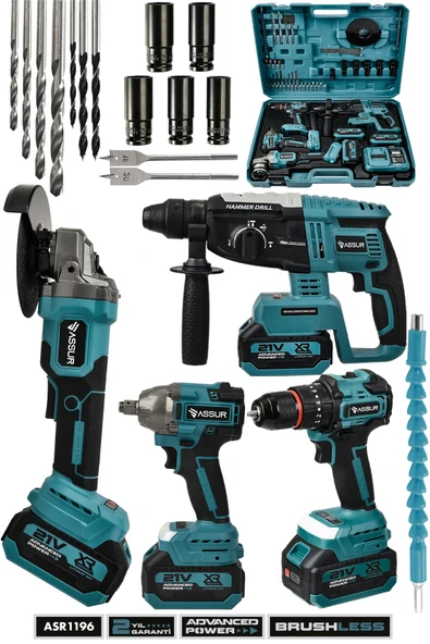 Assur 21V Darbeli Kömürsüz 4'lü Set Taşlama - Somun Sıkma Sökme - Matkap Vidalama -  Kırıcı Delici Hilti ürün görseli 1