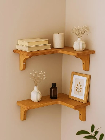 Doğal Masif Ahşap Duvar Köşe L Rafı | 1 Adet | Dekoratif Çift Yönlü Kullanım Duvar Köşe Rafı - 3