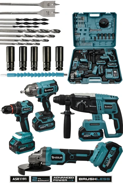 Assur 21V Darbeli Kömürsüz 4'lü Set Taşlama & Somun Sıkma Sökme & Matkap Vidalama & Kırıcı Delici Hilti - 1