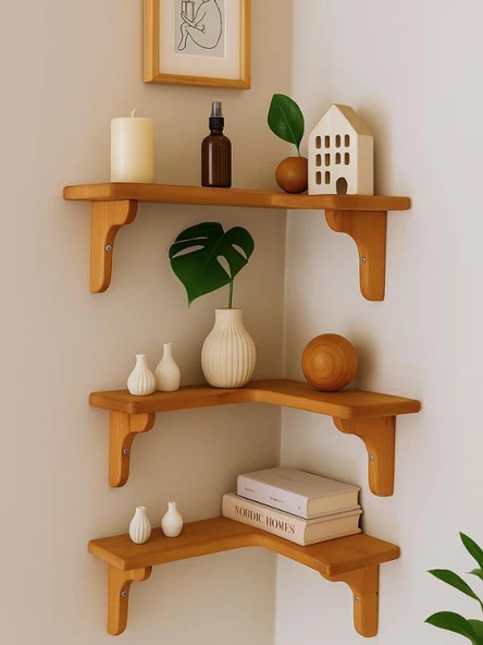 Doğal Masif Ahşap Duvar Köşe L Rafı | 1 Adet | Dekoratif Çift Yönlü Kullanım Duvar Köşe Rafı