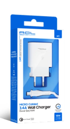 ACL H1 3.4A, 18 Watt Q.C 3.0 1xUSB-A 1mt Mikro Kablolu Seyahat Şarj Beyaz - Resim 3