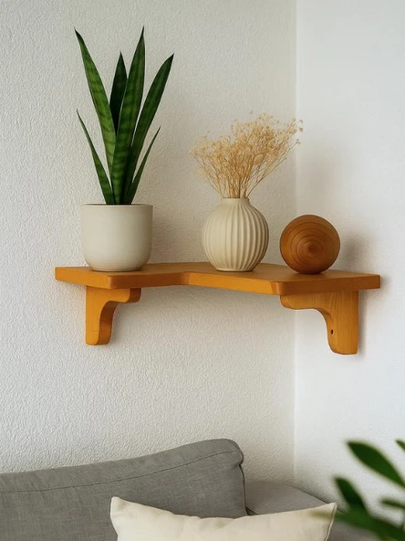 Doğal Masif Ahşap Duvar Köşe L Rafı | 1 Adet | Dekoratif Çift Yönlü Kullanım Duvar Köşe Rafı - 2