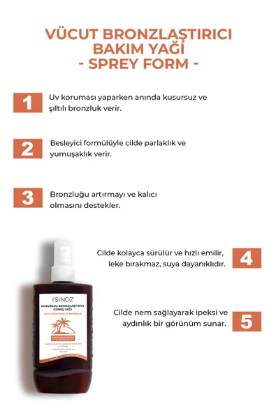 SİNOZ KUSURSUZ BRONZLAŞTIRICI GÜNEŞ YAĞI SPREYİ 200 ML HİNDİSTAN CEVİZİ KAKAO HAVUÇ YAĞI IÇEREN - 2