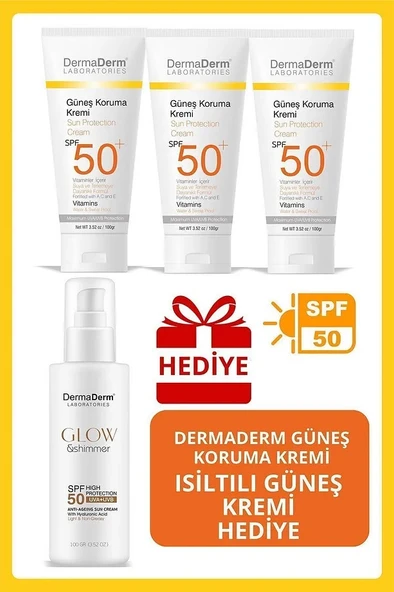 Dermaderm 3 Adet Spf 50+ Güneş Koruma Vitaminli Yüz ve Vücut Güneş Kremi 3 x 100 ml. ve 1 Adet Işıltılı Parlatıcı Etkili Güneş Kremi 100 gr.