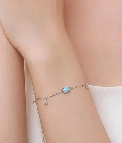 Damla Model Mavi Opal Taşılı Kadın Gümüş Bileklik - Resim 2