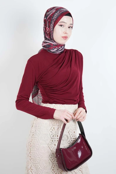 Bayan Kısa Bluz Sandy Bluz Bordo - 1