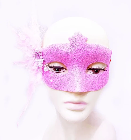 Sim İşlemeli İnci Boncuk Detaylı Tüylü Balo Maskesi Pembe Renk 13x18 Cm ürün görseli