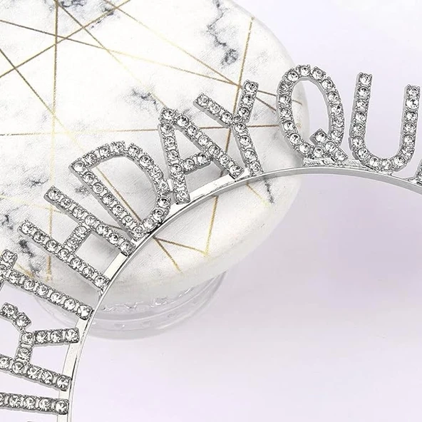 Gümüş Renk Kristal Taşlı Parlak Birthday Queen Yazılı Kraliçe Taç 16x17 Cm - Resim 4
