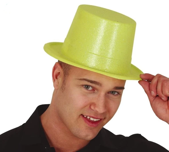 Floresan Sarı Renk Simli Uzun Fötr Melon Şapka 12 Cm - Resim 2