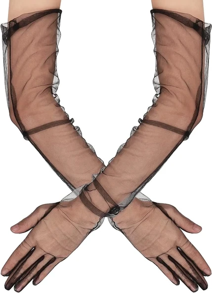 Uzun Boy Likralı Siyah Renk Yetişkin Mega Tül Eldiven 53 Cm ürün görseli