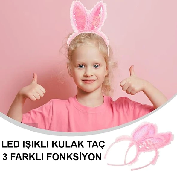 Kenarları Dantelli Pembe Pullu Payetli Led Işıklı Tavşan Kulak Taç 23x19 Cm - Resim 4