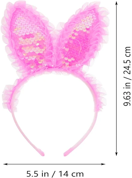 Kenarları Dantelli Fuşya Pullu Payetli Led Işıklı Tavşan Kulak Taç 23x19 Cm - Resim 5