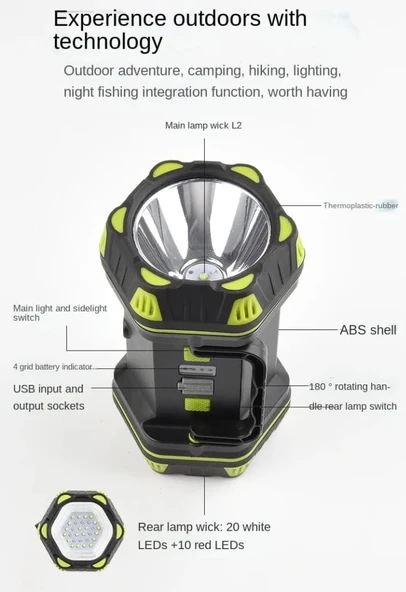 F-262 Yeni Güçlü Çift Taraflı Taşınabilir Spot Ve Işıldak Usb Powerbank Şarjlı Fener - Resim 2