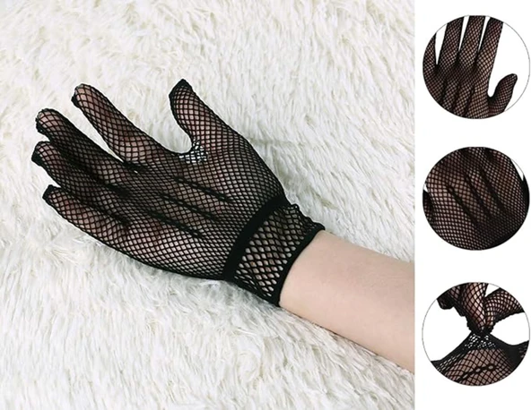 Siyah Renk Likralı File Eldiven Parmaklı Örgü Eldiven Yetişkin Boy - Resim 3