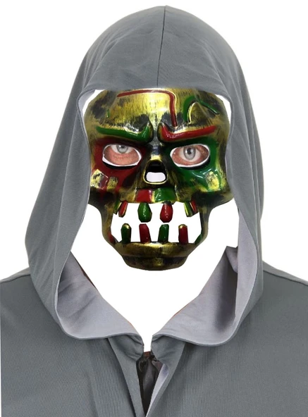 Kırmızı Kanlı Dişli Dracula Kafatası Maskesi Altın Renk ürün görseli