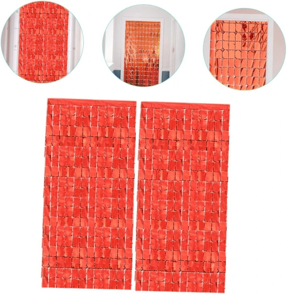Ekstra Metalize Kırmızı Renk Disko Dikdörtgen Kesim Kapı Perdesi Dekorasyon 1x2 Metre - Resim 3