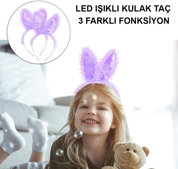 Kenarları Dantelli Mor Pullu Payetli Led Işıklı Tavşan Kulak Taç 23x19 Cm - Resim 4