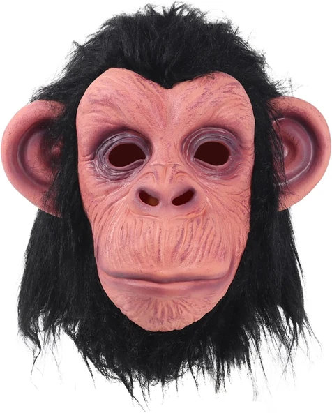 Siyah Saçlı Kafaya Tam Geçmeli Lateks Şempanze Maskesi - Lateks Maymun Orangutan Goril Maske Et Maske ürün görseli